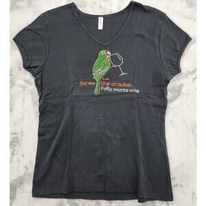 Chris's Stuff Top Womens XL Black V-Neck Rhinestone POLLY WANTS WINE Tee Stretch